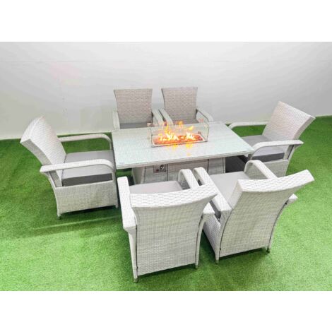 Fimous Outdoor Rattan Garden Furniture Set Patio 6 Chairs Plus Gas Fire Pit Table Sets Light Grey Mixed