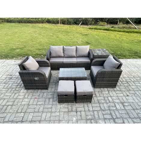 Fimous Outdoor Rattan Garden Furniture Set Patio Lounge Sofa Set with Reclining Chair Rectangular Coffee Table Side Table 2 Small Footstools Dark Grey Mixed