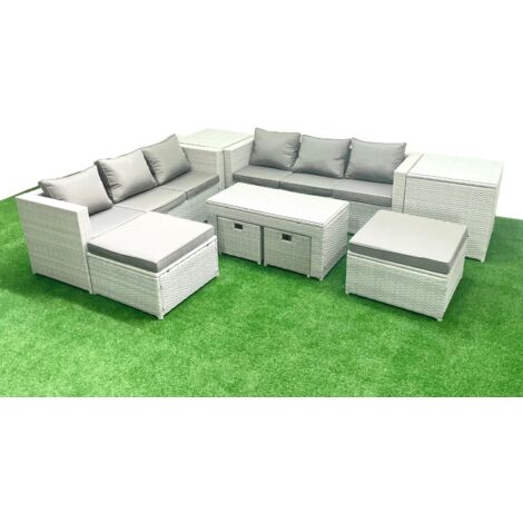 Fimous Outdoor Rattan Garden Furniture Set with Grey Cushions Luxury 10 Seater with Coffee Table and 2 Side Tables For Conservatory,Patio