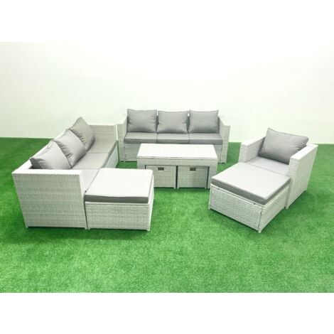 Fimous Outdoor Rattan Garden Furniture Set with Grey Cushions Luxury 11 Seater with Chair and Coffee Table For Conservatory,Patio