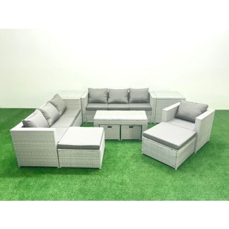 Fimous Outdoor Rattan Garden Furniture Set with Grey Cushions Luxury 11 Seater with Coffee Table and 2 Side Tables For Conservatory,Patio