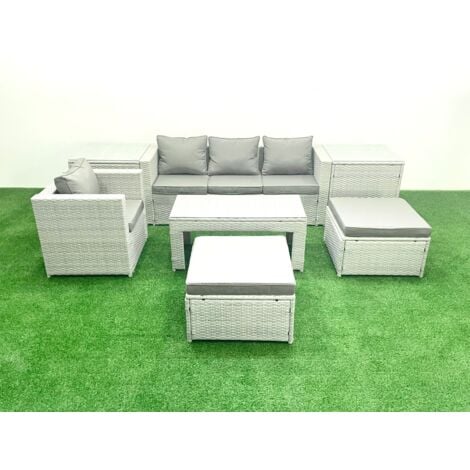 Fimous Outdoor Rattan Garden Furniture Set with Grey Cushions Luxury 6 Seater with 2 Big Footstools and Coffee Table,2 Side Tables For Conservatory,Patio