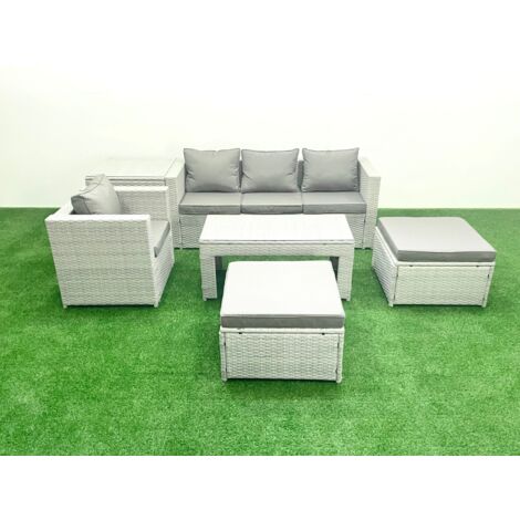 Fimous Outdoor Rattan Garden Furniture Set with Grey Cushions Luxury 6 Seater with 2 Big Footstools and Coffee Table,Side Table For Conservatory,Patio