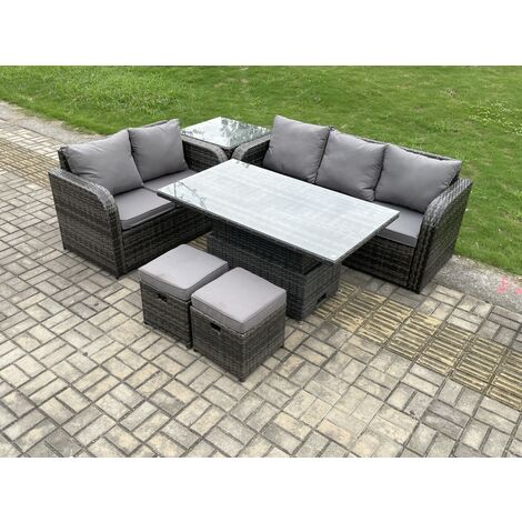 Fimous Outdoor Rattan Garden Furniture Sets Height Adjustable Rising lifting Dining Table Lounge Sofa Set With Side Table 2 Small Footstools Dark Grey Mixed