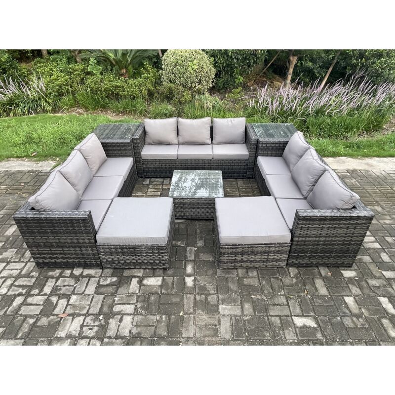 Salon de jardin en rotin avec 2 Tables d'appoint Table basse carrée 2 grand tabouret Mélange gris foncé - Fimous