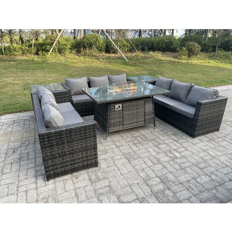 Fimous Outdoor Rattan Gartenmöbel Gas Feuerstelle Esstisch Sets Gartensofa Sitzgruppe Beistelltische Dunkelgrau Gemischt 9 Sitzer
