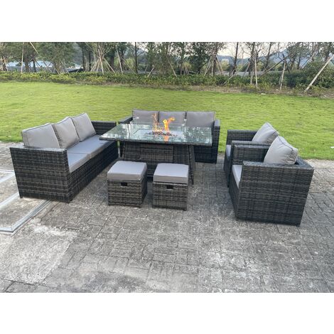 Fimous Outdoor Rattan Gartenmöbel Gas Feuerstelle Esstisch Sets Lounge Sessel Kleine Hocker Dunkelgrau Gemischt 10-Sitzer