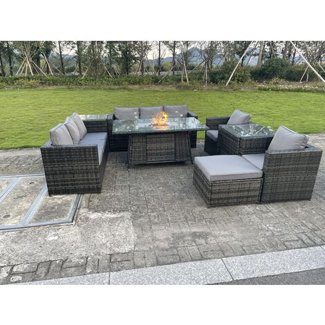 Fimous Outdoor Rattan Gartenmöbel Gas Feuerstelle Esstisch Sets Lounge Stühle Beistelltische Dunkelgrau Gemischt 9 Sitzer