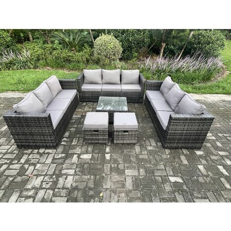 Fimous Outdoor Rattan Gartenmöbel Set 11-Sitzer Patio Lounge Sofa Set mit quadratischem Couchtisch 2 Kleiner Hocker Dunkelgrau Gemischt