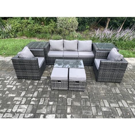 Fimous Outdoor Rattan Gartenmöbel Set mit 3-Sitzer Sofa Couchtisch 2 Beistelltische 2 Sessel 2 Kleiner Fußhocker Patio Lounge Sofa Set Dunkelgrau Gemischt