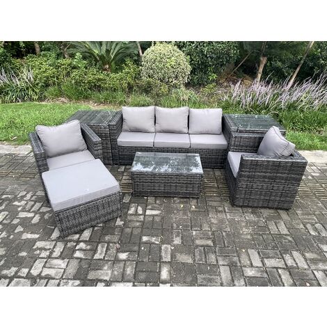 Fimous Outdoor Rattan Gartenmöbel Set mit 3-Sitzer Sofa Couchtisch 2 Beistelltische 2 Sessel Großer Fußhocker Patio Lounge Sofa Set Dunkelgrau Gemischt