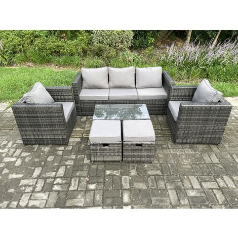 Fimous Outdoor Rattan Gartenmöbel Set mit 3-Sitzer Sofa Couchtisch 2 Sessel 2 Kleiner Fußhocker Patio Lounge Sofa Set Dunkelgrau Gemischt