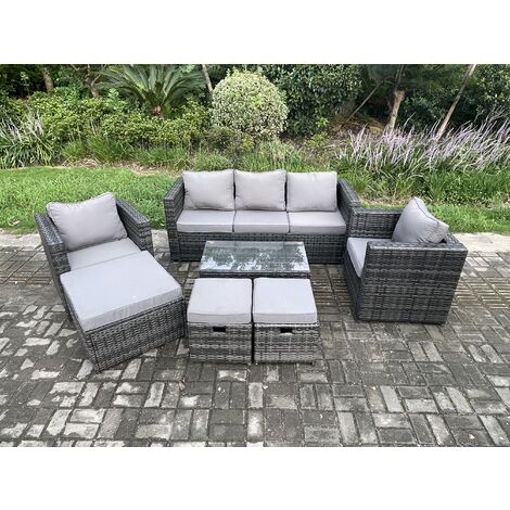Fimous Outdoor Rattan Gartenmöbel Set mit 3-Sitzer Sofa Couchtisch 2 Sessel 3 Fußhocker Patio Lounge Sofa Set Dunkelgrau Gemischt