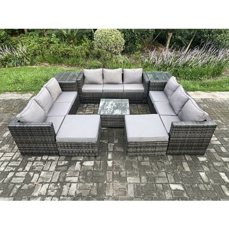 Fimous Outdoor Rattan Gartenmöbel Set Patio Lounge Sofa Set mit 2 Beistelltischen Quadratischer Couchtisch 2 Großer Fußhocker Dunkelgrau Gemischt
