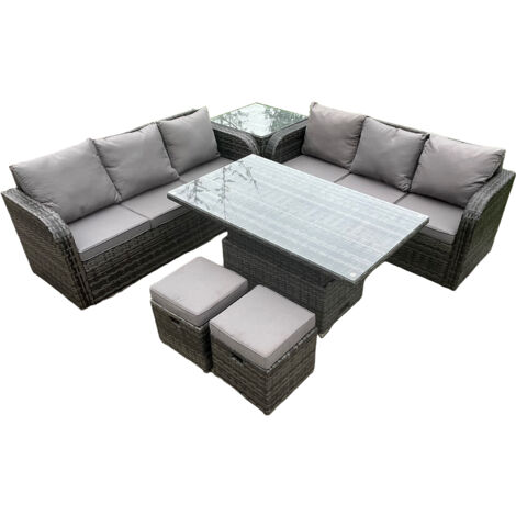 Fimous Outdoor Rattan Gartenmöbel Sets Höhenverstellbarer aufsteigender Esstisch Sofa Set mit Beistelltisch 2 Kleine Fußhocker Dunkelgrau gemischt