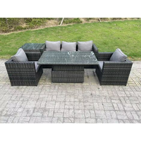 Fimous Outdoor Rattan Gartenmöbel Sofa Set Patio Einstellbarer aufsteigender Esstisch Set mit Beistelltisch 2 Sessel Dunkelgrau gemischt