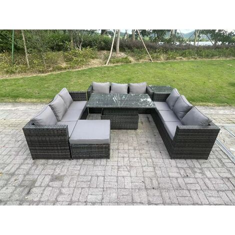 Fimous Outdoor Rattan Gartenmöbel Sofa Set Patio Einstellbarer aufsteigender Esstisch Set mit Beistelltisch Großer Fußhocker 10-Sitzer Dunkelgrau gemischt