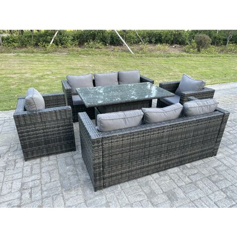 Fimous Outdoor Rattan Gartenmöbel Steigender Verstellbarer Anhebender Esstisch Sets Gartensofa Sitzgruppe Stühle Dunkelgrau 8-Sitzer