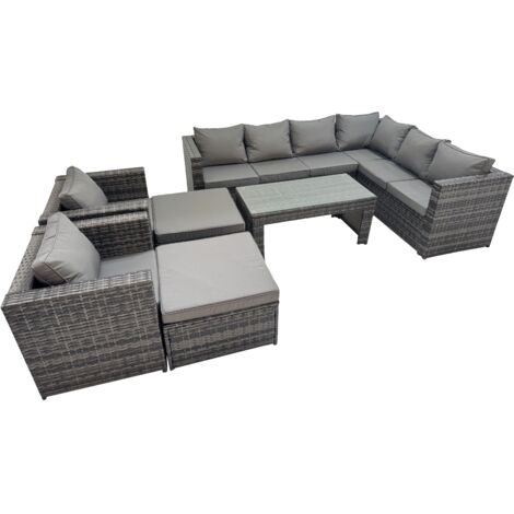 Fimous Outdoor Rattan Oblong Coffee Table Corner Sofa Sets Garden Furniture Set with 2 Chairs 2 Big Stools Dark Grey Mixed