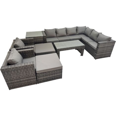Fimous Outdoor Rattan Oblong Coffee Table Corner Sofa Sets Garden Furniture Set with 2 Chairs 2 Big Stools Side Table Dark Grey Mixed