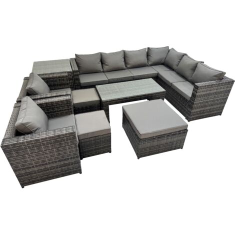 Fimous Outdoor Rattan Oblong Coffee Table Corner Sofa Sets Garden Furniture Set with 2 Chairs 3 Stools Side Table Dark Grey Mixed