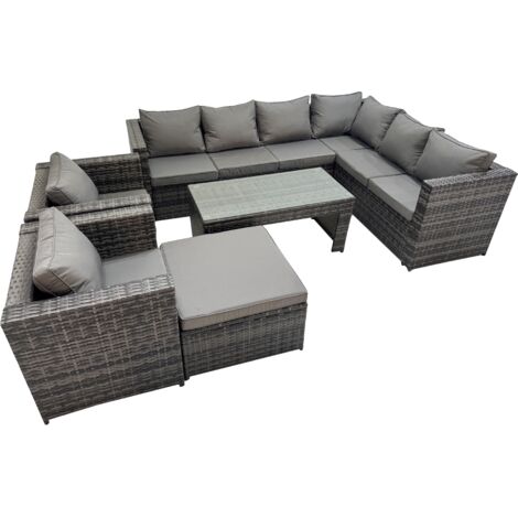Fimous Outdoor Rattan Oblong Coffee Table Corner Sofa Sets Garden Furniture Set with 2 Chairs Big Stool Dark Grey Mixed