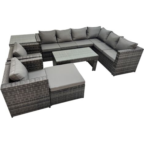Fimous Outdoor Rattan Oblong Coffee Table Corner Sofa Sets Garden Furniture Set with 2 Chairs Big Stool Side Table Dark Grey Mixed