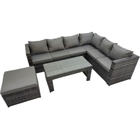 Fimous Outdoor Rattan Oblong Coffee Table Corner Sofa Sets Garden Furniture Set with Big Stool Dark Grey Mixed