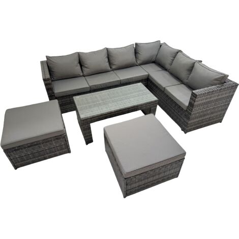 Fimous Outdoor Rattan Oblong Coffee Table Corner Sofa Sets Garden Furniture Set with Chair 2 Big Stools Dark Grey Mixed