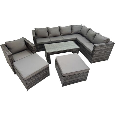 Fimous Outdoor Rattan Oblong Coffee Table Corner Sofa Sets Garden Furniture Set with Chair 2 Big Stools Dark Grey Mixed