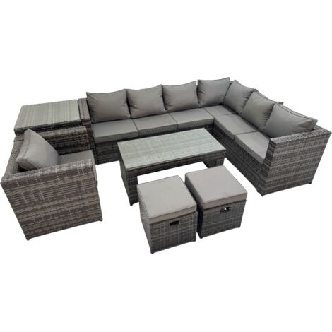 Fimous Outdoor Rattan Oblong Coffee Table Corner Sofa Sets Garden Furniture Set with Chair 2 Small Stools Side Table Dark Grey Mixed