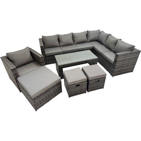 Fimous Outdoor Rattan Oblong Coffee Table Corner Sofa Sets Garden Furniture Set with Chair 3 Stool Dark Grey Mixed