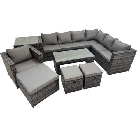 Fimous Outdoor Rattan Oblong Coffee Table Corner Sofa Sets Garden Furniture Set with Chair 3 Stool Side Table Dark Grey Mixed