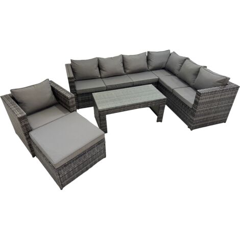 Fimous Outdoor Rattan Oblong Coffee Table Corner Sofa Sets Garden Furniture Set with Chair Big Stool Dark Grey Mixed