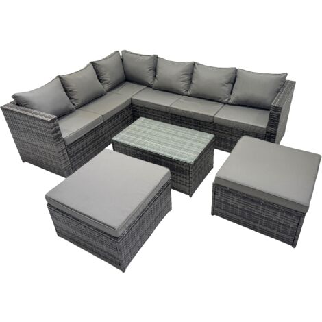 Fimous Outdoor Rattan Rectangular Coffee Table Corner Sofa Sets Garden Furniture Set with 2 Big Stools Dark Grey Mixed