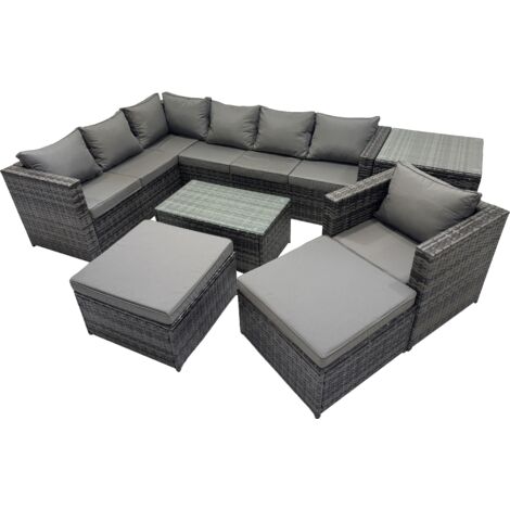 Fimous Outdoor Rattan Rectangular Coffee Table Corner Sofa Sets Garden Furniture Set with 2 Big Stools Side Table Dark Grey Mixed
