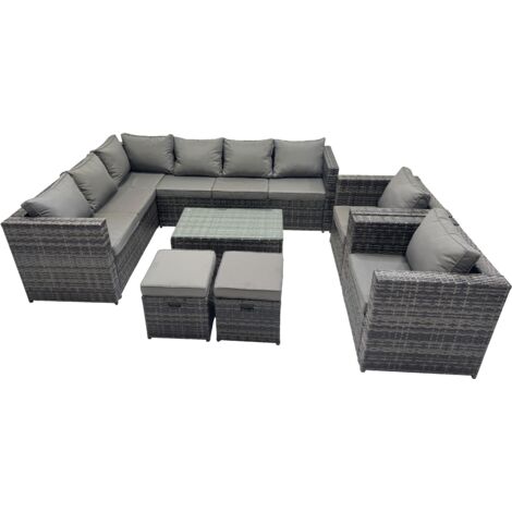 Fimous Outdoor Rattan Rectangular Coffee Table Corner Sofa Sets Garden Furniture Set with 2 Chairs 2 Small Stools Dark Grey Mixed