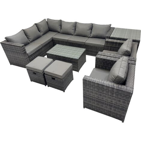 Fimous Outdoor Rattan Rectangular Coffee Table Corner Sofa Sets Garden Furniture Set with 2 Chairs 2 Small Stools Side Table Dark Grey Mixed