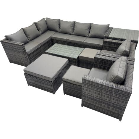 Fimous Outdoor Rattan Rectangular Coffee Table Corner Sofa Sets Garden Furniture Set with 2 Chairs 3 Stools Side Table Dark Grey Mixed