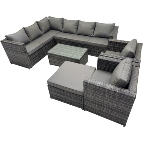 Fimous Outdoor Rattan Rectangular Coffee Table Corner Sofa Sets Garden Furniture Set with 2 Chairs Big Stool Dark Grey Mixed