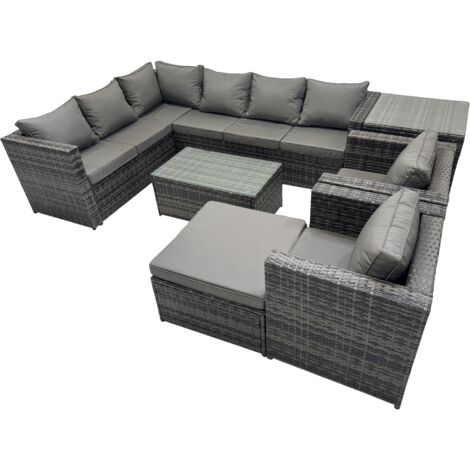 Fimous Outdoor Rattan Rectangular Coffee Table Corner Sofa Sets Garden Furniture Set with 2 Chairs Big Stool Side Table Dark Grey Mixed