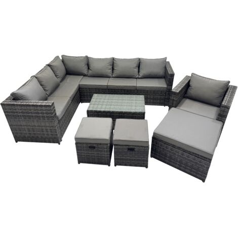 Fimous Outdoor Rattan Rectangular Coffee Table Corner Sofa Sets Garden Furniture Set with 2 Small Stools Dark Grey Mixed
