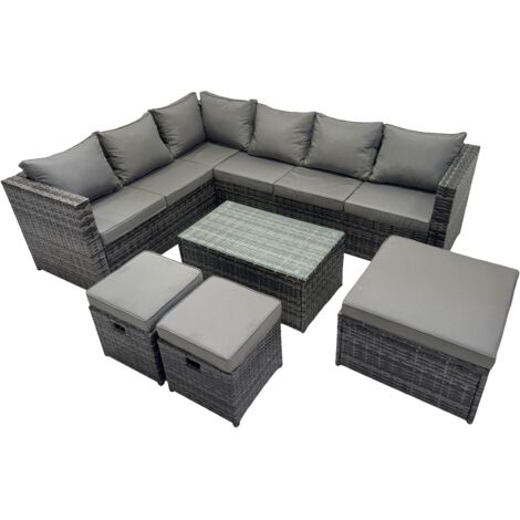 Fimous Outdoor Rattan Rectangular Coffee Table Corner Sofa Sets Garden Furniture Set with 3 Stools Dark Grey Mixed