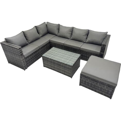 Fimous Outdoor Rattan Rectangular Coffee Table Corner Sofa Sets Garden Furniture Set with Big Stool Dark Grey Mixed