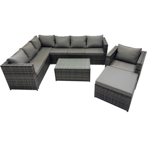 Fimous Outdoor Rattan Rectangular Coffee Table Corner Sofa Sets Garden Furniture Set with Big Stool Dark Grey Mixed