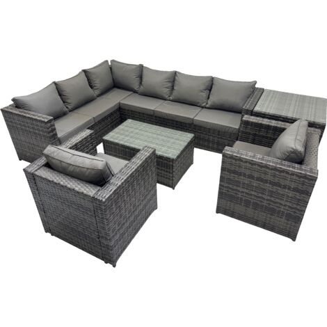 Fimous Outdoor Rattan Rectangular Coffee Table Corner Sofa Sets Garden Furniture Set with Chair Side Table Dark Grey Mixed