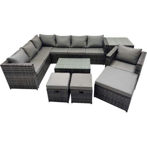 Fimous Outdoor Rattan Rectangular Coffee Table Corner Sofa Sets Garden Furniture Set with Side Table 2 Small Stools Dark Grey Mixed