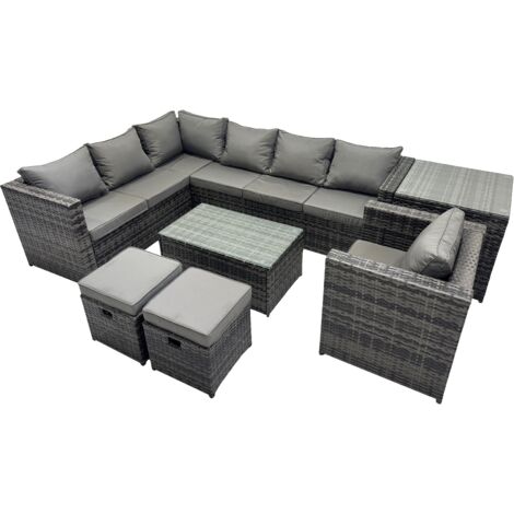 Fimous Outdoor Rattan Rectangular Coffee Table Corner Sofa Sets Garden Furniture Set with Side Table 2 Small Stools Dark Grey Mixed