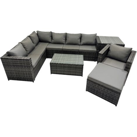 Fimous Outdoor Rattan Rectangular Coffee Table Corner Sofa Sets Garden Furniture Set with Side Table Big Stool Dark Grey Mixed