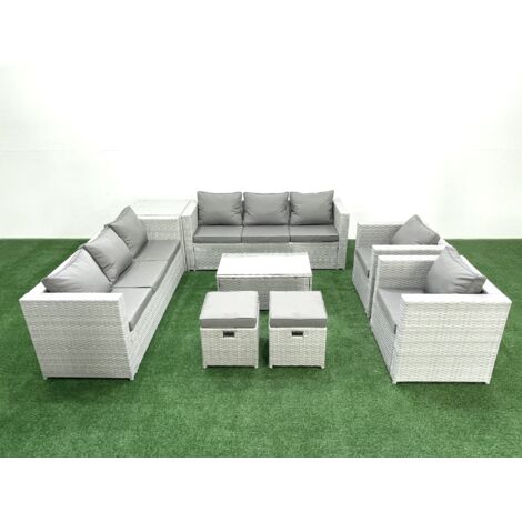 Fimous Outdoor Rattan Sofa Garden Furniture Set with 2 Armchairs Oblong Coffee Table 2 Small Footstools Side Table Light Grey Mixed